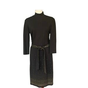 Carlisle Brown Mock Turtleneck Long Sleeve Dress Brass Studs Belt - Sz 4
